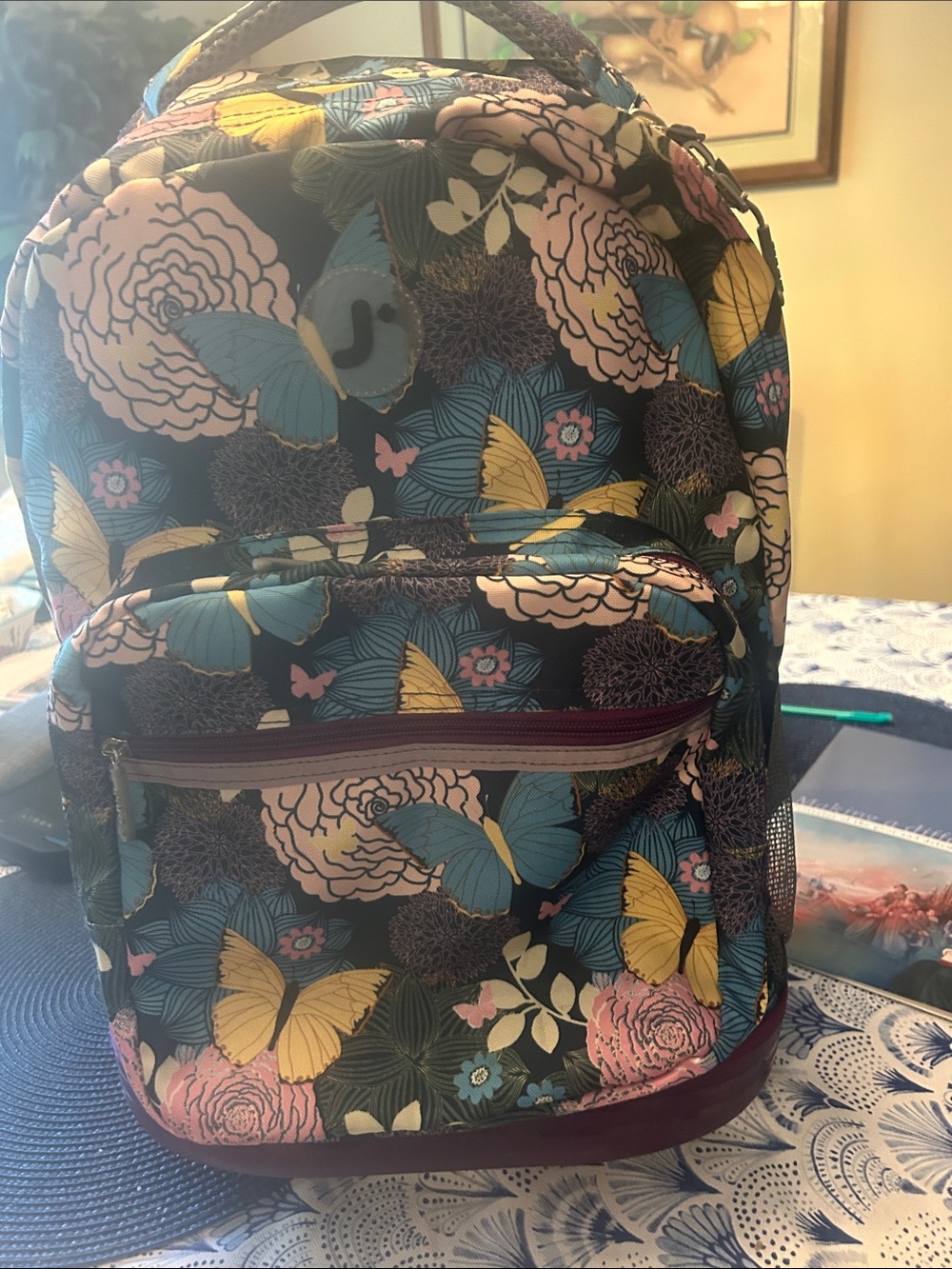 Floral Butterfly Print Backpack - Navy, Yellow & Pink